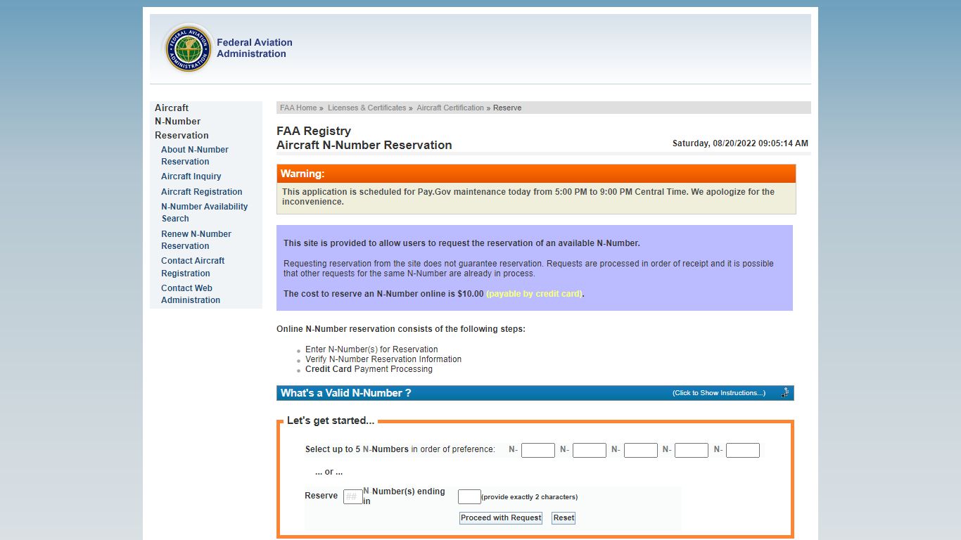 FAA - Registry - Aircraft N-Number Reservation