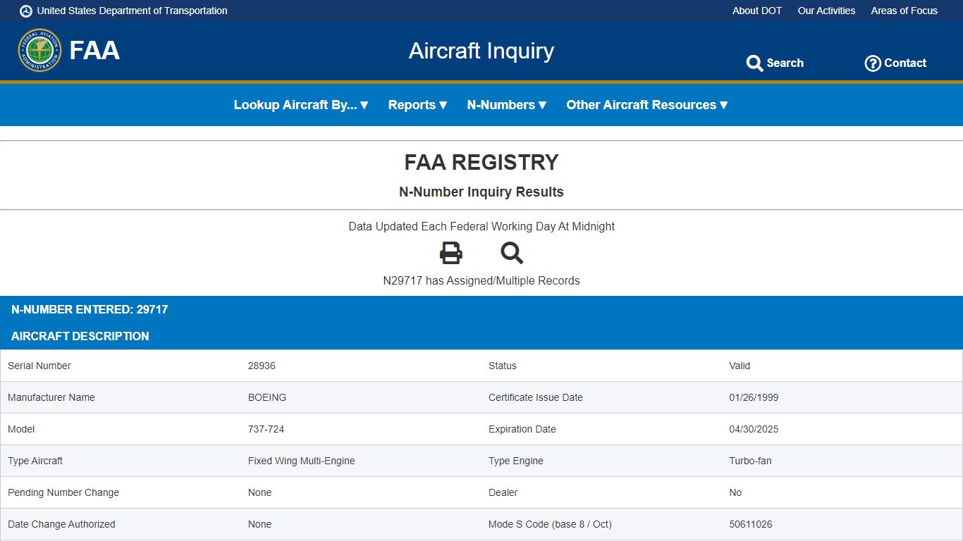 Aircraft Inquiry - Federal Aviation Administration