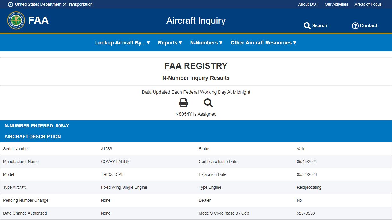 Aircraft Inquiry - Federal Aviation Administration